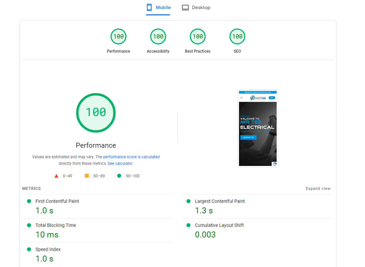 A screenshot showing perfect Google pagespeed scores